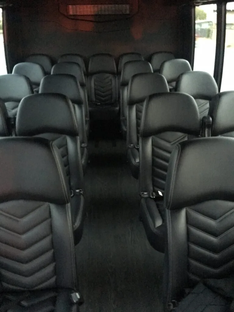 Interior of a Lorenz Bus Service coach showing rows of black leather seats with seat belts along a center aisle