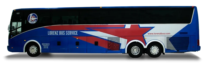 Lorenz Bus Service elite motorcoach side profile with blue, red, and white star livery on dark background