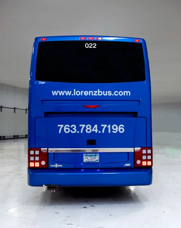 Blue Lorenz Bus Service motorcoach exterior rear with website and phone number 763.784.7196
