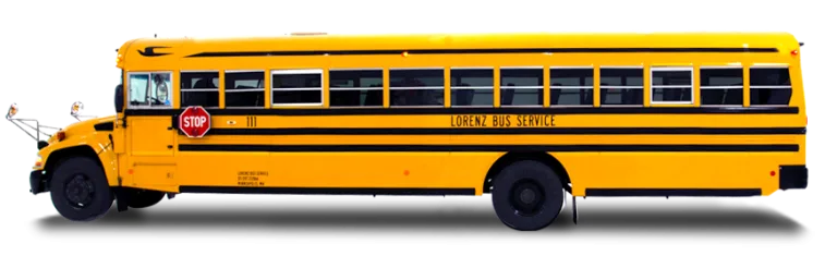 Lorenz Bus Service yellow school bus, side view, with stop sign arm extended