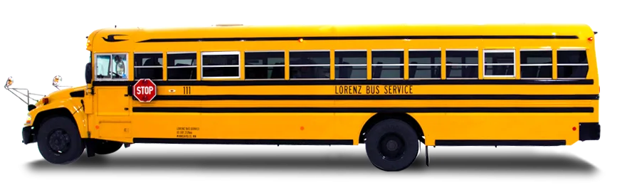 Lorenz Bus Service yellow school bus, side view, with stop sign arm extended