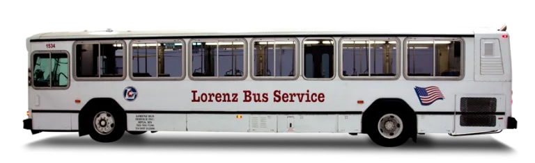Lorenz Bus Service white transit bus, unit 1534, with company logo and American flag graphic on the side