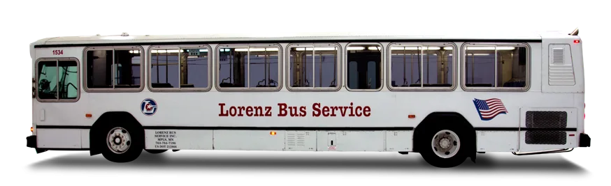 Lorenz Bus Service white transit bus, unit 1534, with company logo and American flag graphic on the side