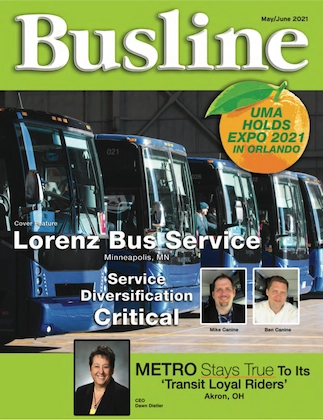 Busline magazine May/June 2021 cover featuring Lorenz Bus Service motorcoach fleet and Mike and Ben Canine