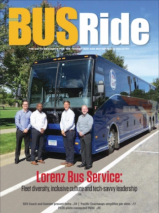 BUSRide magazine cover featuring four Lorenz Bus Service leaders standing in front of a Van Hool motorcoach