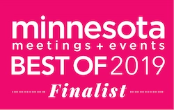 Minnesota Meetings + Events Best of 2019 Finalist badge awarded to Lorenz Bus Service on pink background