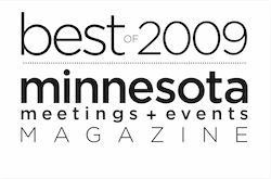 Minnesota Meetings + Events Magazine Best of 2009 badge awarded to Lorenz Bus Service in black and white
