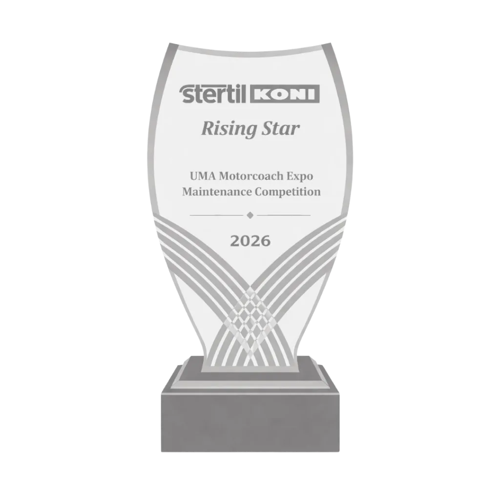 Stertil-Koni Rising Star crystal trophy awarded to Lorenz Bus Service at the 2026 UMA Motorcoach Expo Maintenance Competition
