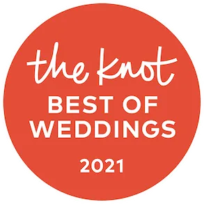 The Knot Best of Weddings 2021 circular badge awarded to Lorenz Bus Service on orange background