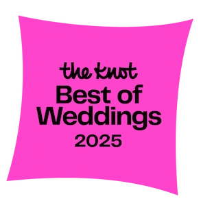 The Knot Best of Weddings 2025 badge awarded to Lorenz Bus Service on bright pink background