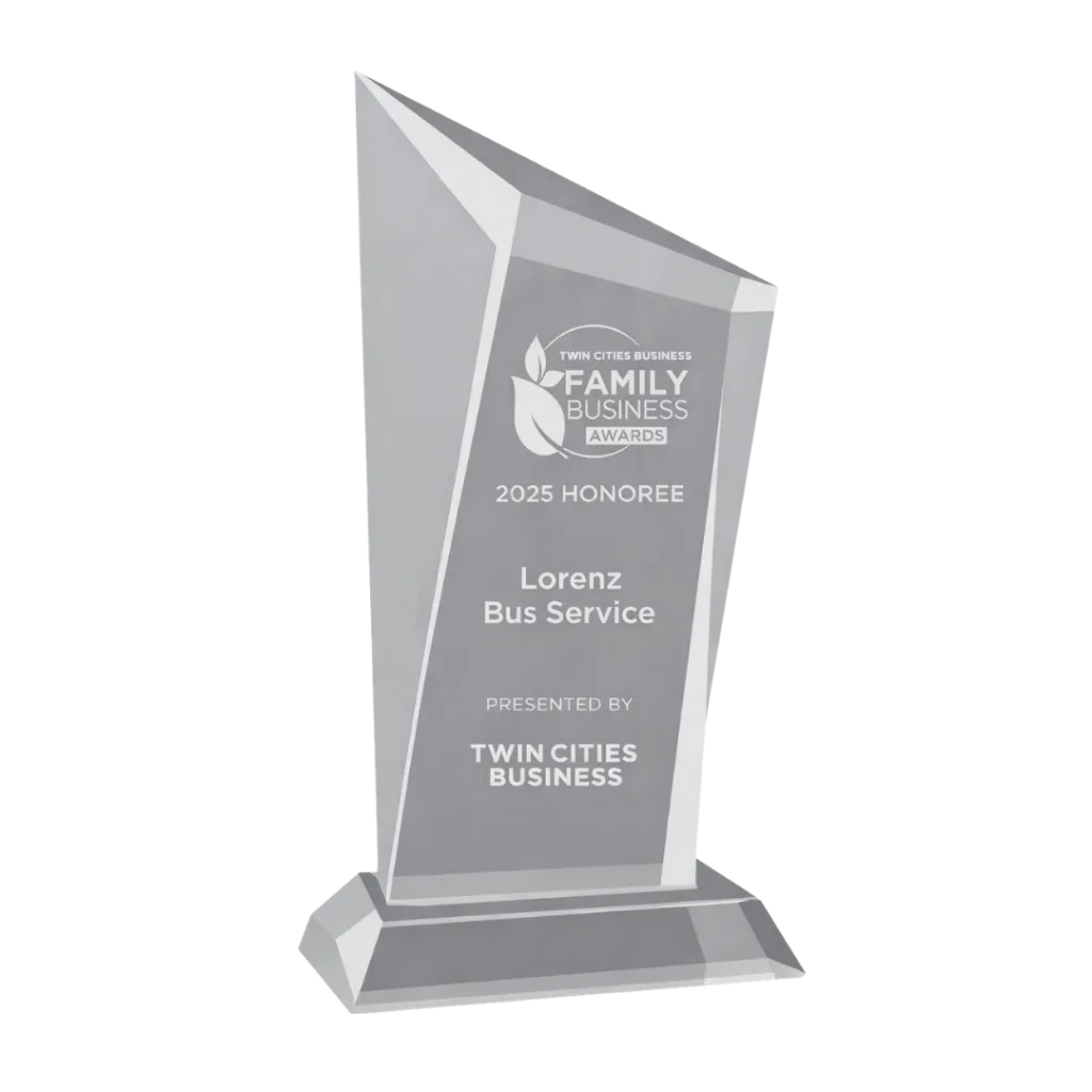 Crystal Twin Cities Business Family Business Award trophy naming Lorenz Bus Service as a 2025 honoree