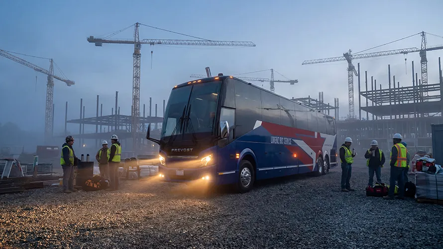 Lorenz Bus Service motorcoach parked at an active construction site at dawn, surrounded by crew members in hard hats and safety vests