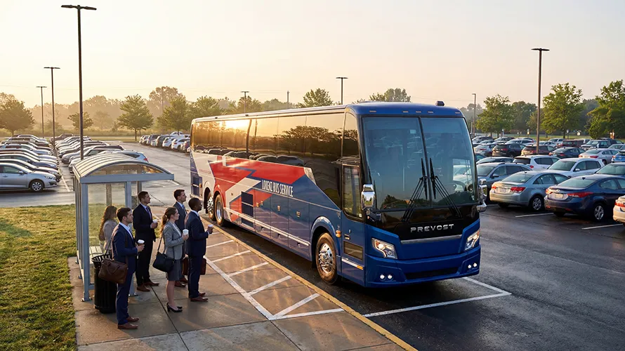 A group of business professionals waiting to board a Lorenz Bus Service Prevost motorcoach in a parking lot at sunrise