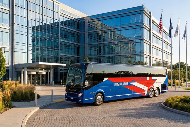 Lorenz Bus Service motorcoach parked at the entrance of a modern corporate office building