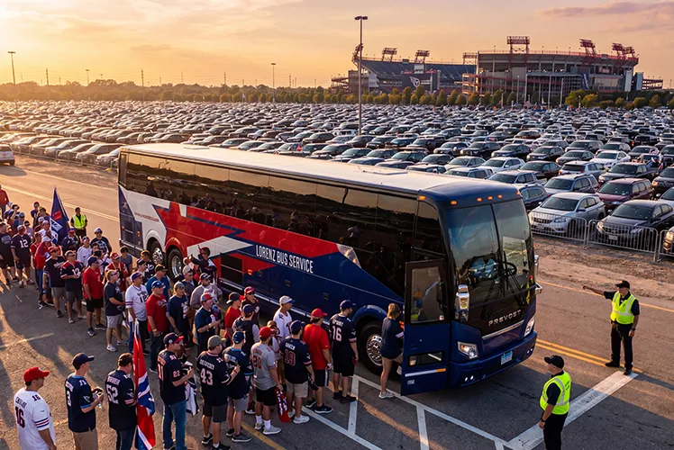 Lorenz Bus Service charter bus surrounded by fans in a stadium parking lot at sunset, with an NFL stadium visible in the background
