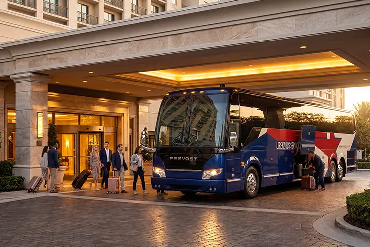 Lorenz Bus Service Prevost coach parked at a hotel entrance as passengers board with luggage at dusk