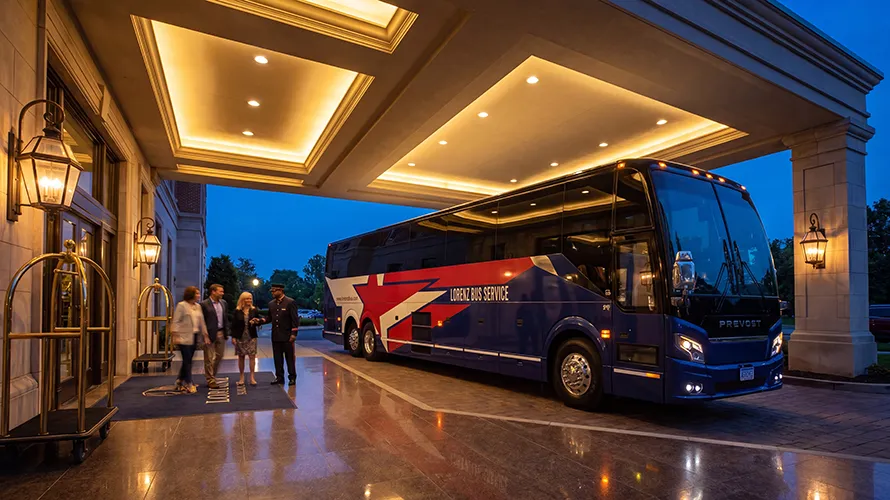 Lorenz Bus Service Prevost motorcoach parked under a hotel portico at dusk as passengers are greeted by a uniformed driver