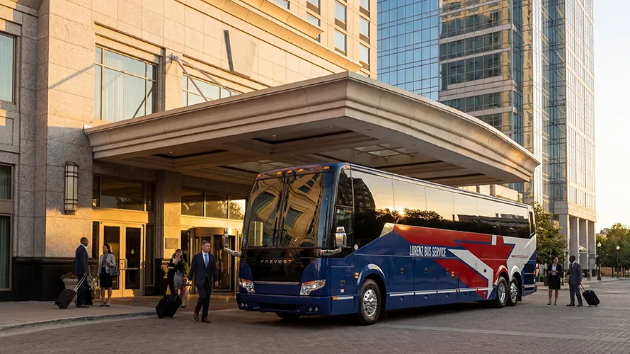 Lorenz Bus Service Prevost motorcoach parked under a hotel porte-cochère as business travelers board and deplane