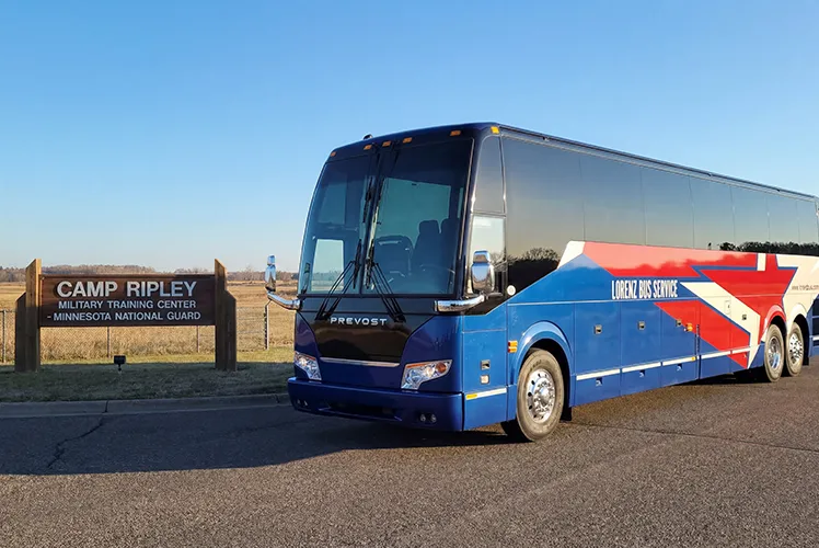 Lorenz Bus Service Prevost coach parked at Camp Ripley Military Training Center, Minnesota National Guard