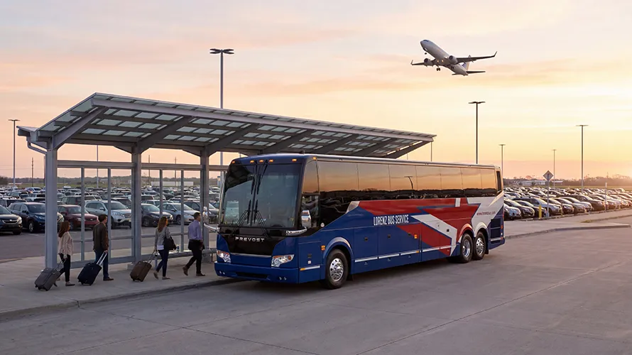 Lorenz Bus Service Prevost motorcoach picking up passengers with luggage at an airport terminal at sunset