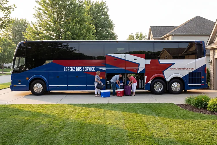 Passengers loading luggage into the undercarriage storage of a Lorenz Bus Service motorcoach parked in a residential driveway