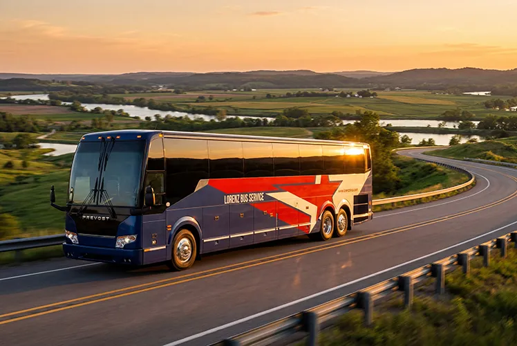Lorenz Bus Service Prevost motorcoach traveling a rural highway at sunset with rolling hills and a river in the background