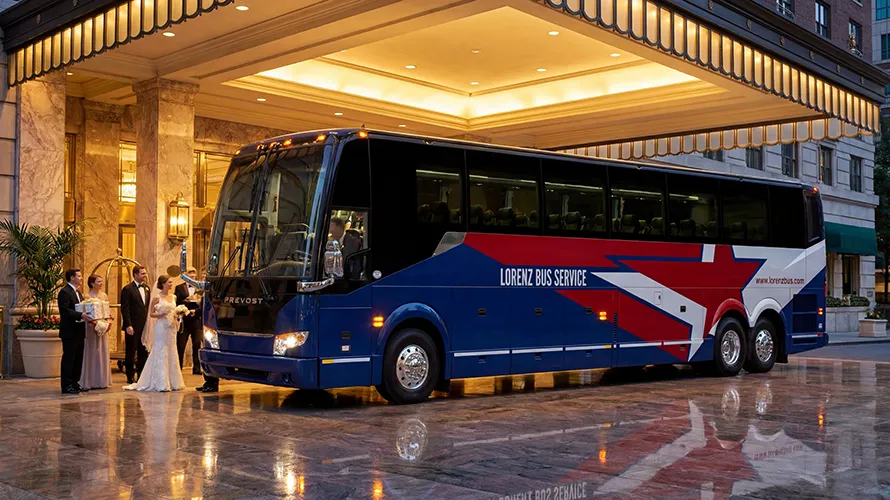 Lorenz Bus Service Prevost charter coach parked at a hotel entrance as a wedding party boards
