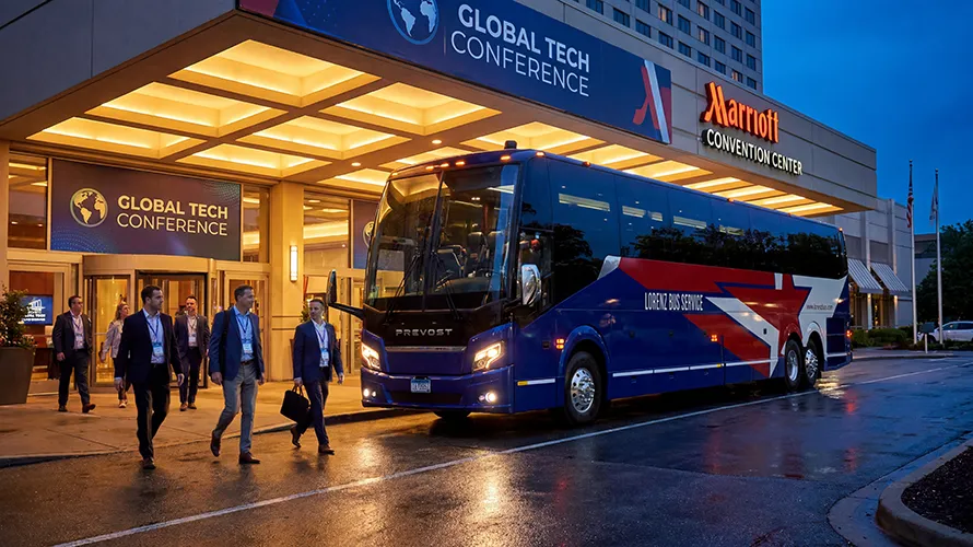 Lorenz Bus Service Prevost coach parked outside a Marriott Convention Center entrance as conference attendees board