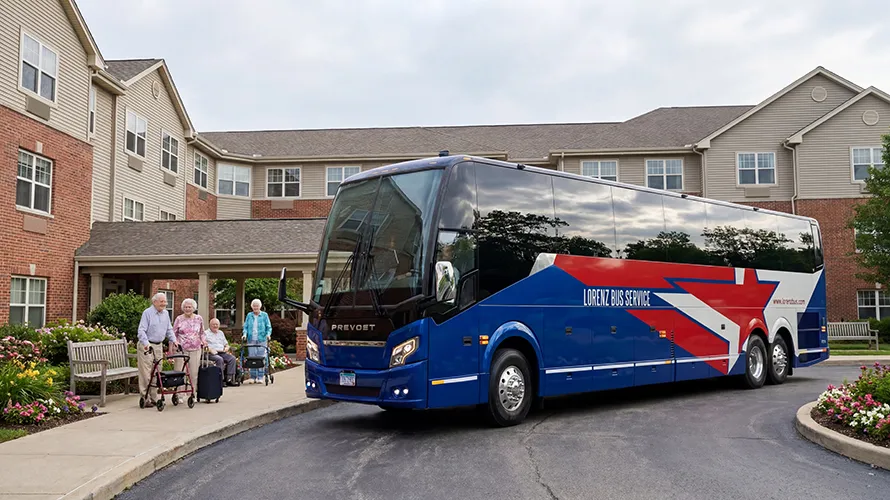 Lorenz Bus Service motorcoach parked outside a senior living facility as elderly passengers with walkers and luggage prepare to board