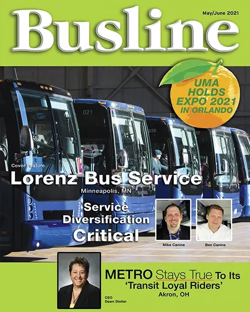 Lorenz Bus Service featured on the cover of Busline Magazine May/June 2021, highlighting Service Diversification Critical