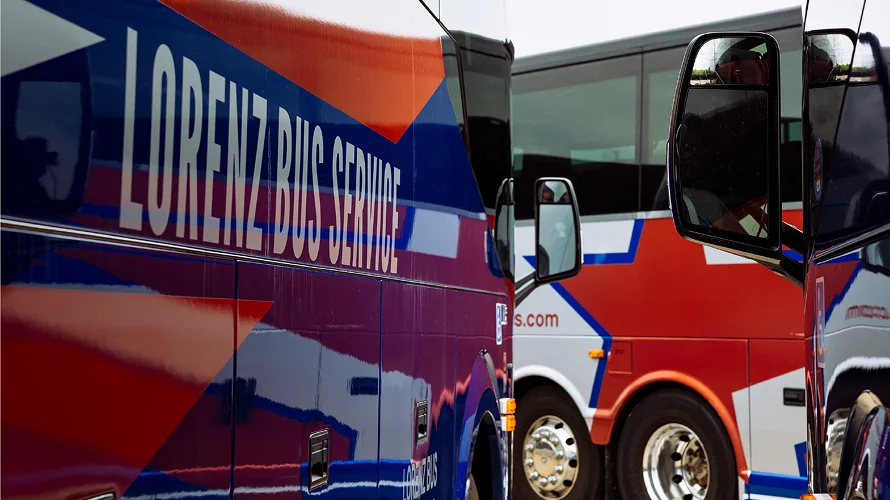 Lorenz Bus Service coaches parked side by side, showing the fleet's red, white, and blue branded exterior